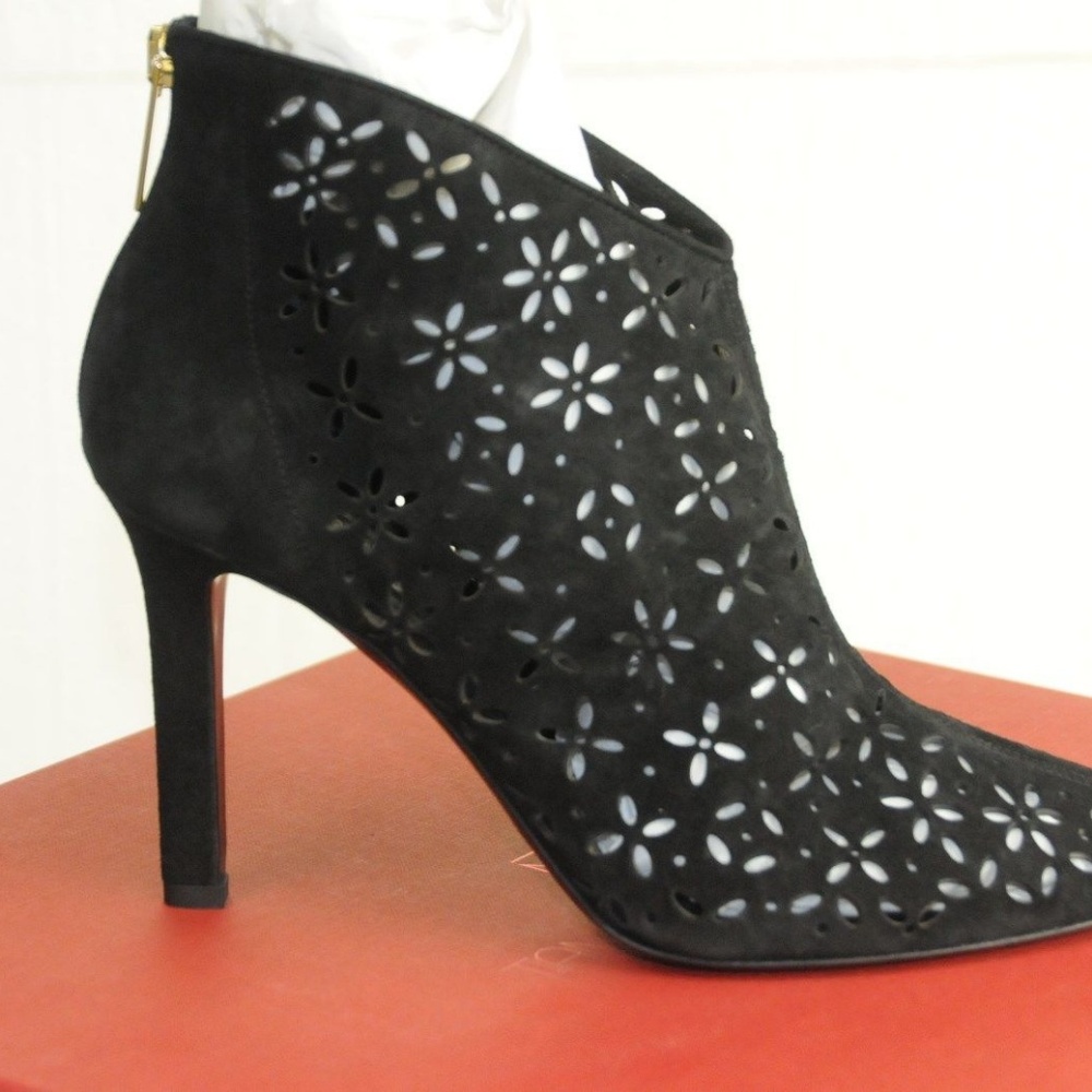 Tamara Mellon Black Floral Cutout Suede Booties